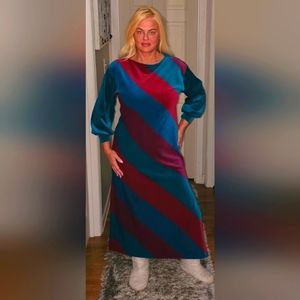 Vintage Christian Dior Lounge Wear Gown Velour Stripes Side Slit M/L